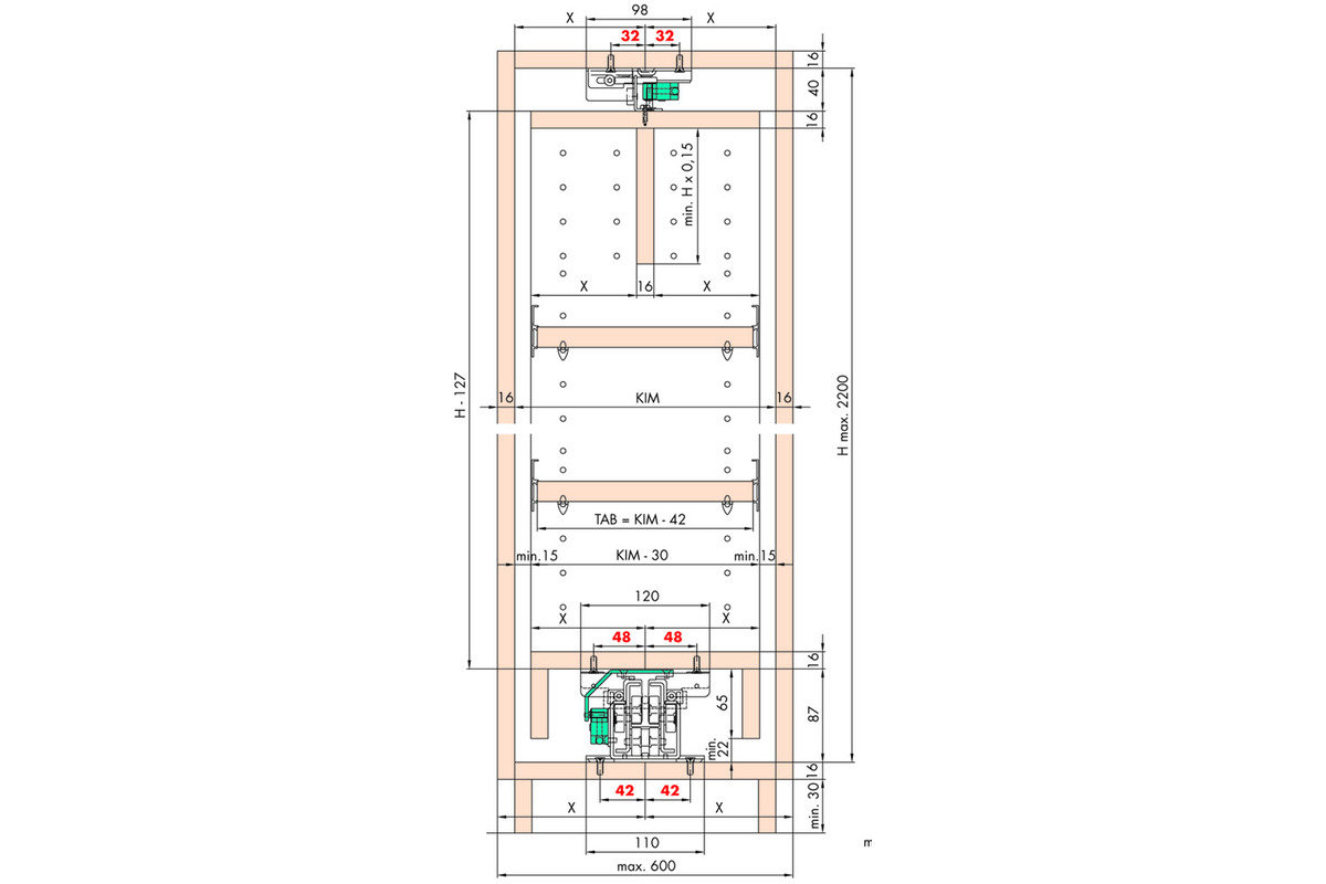 Système d'extension de façade pour armoire haute HAWA Forte pour constructions en bois
