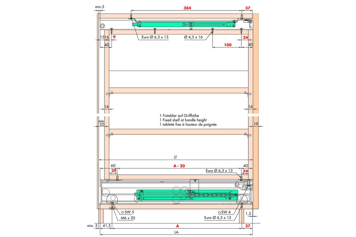 Système d'extension de façade pour armoire haute HAWA Forte pour constructions en bois