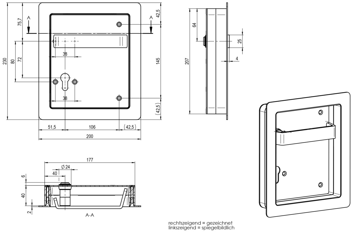 Einlass-Flachdrückergarnituren OGRO 8937B, Tiefe 40 mm